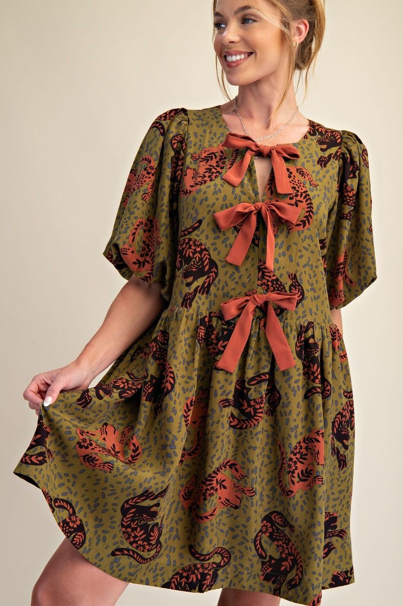 Olive Tiger Print Mini Dress with Bow Details