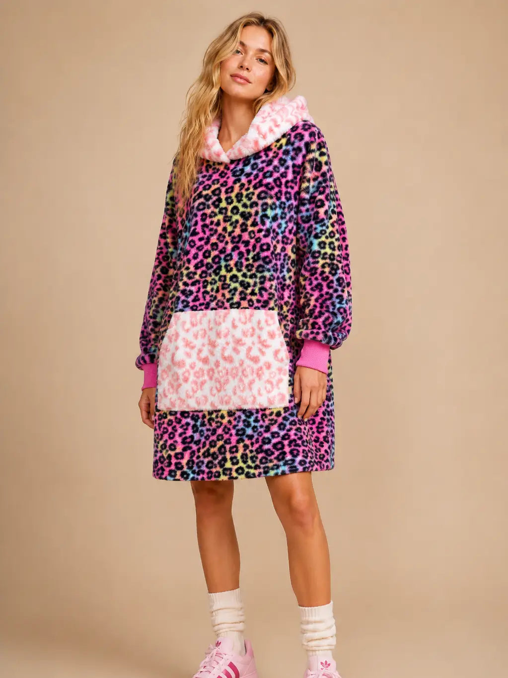 Rainbow Leopard Faux Fur Hoodie Blanket Dress