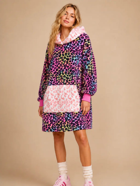 Rainbow Leopard Faux Fur Hoodie Blanket Dress
