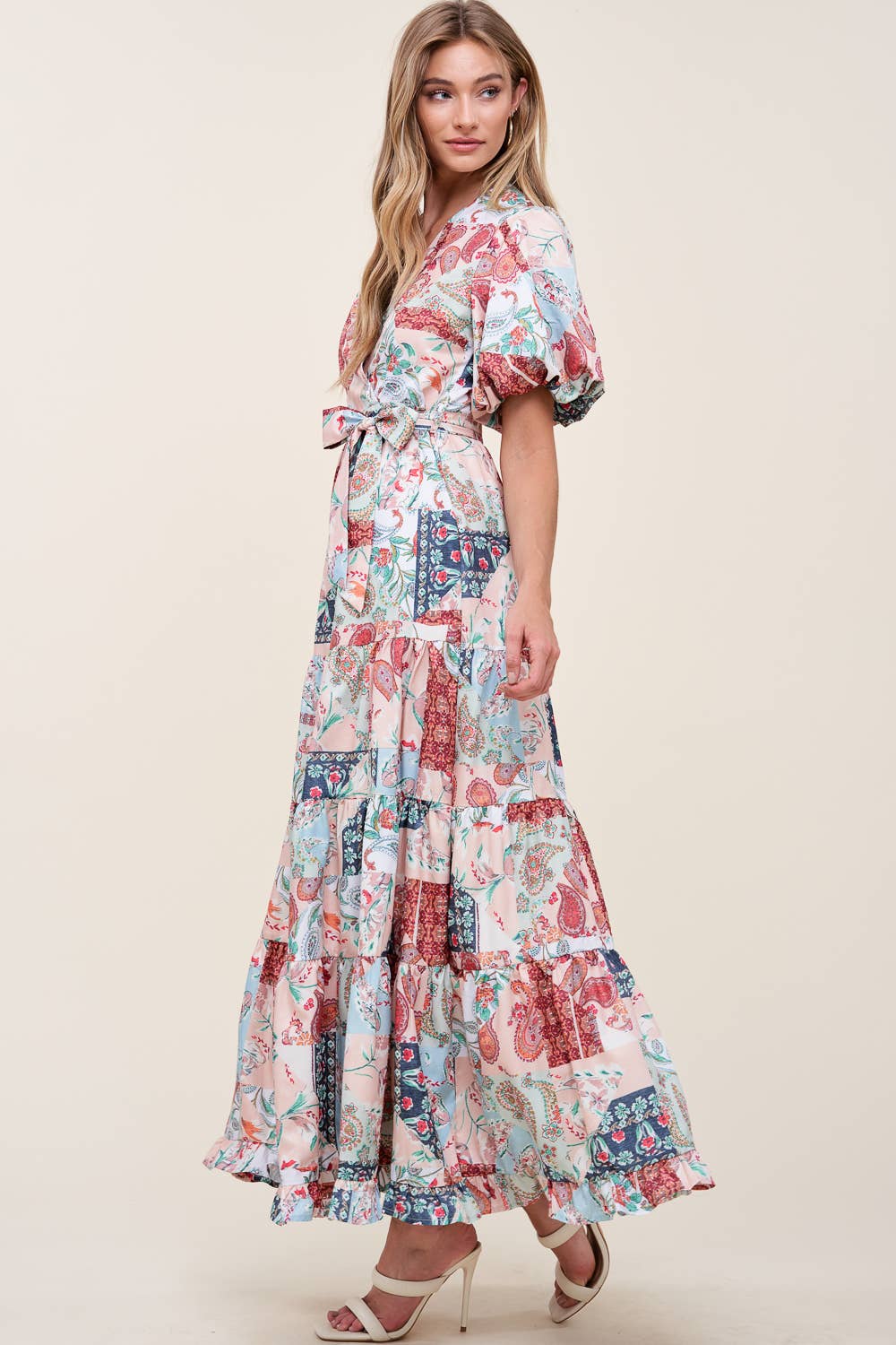 PRINTED V NECK DRESS WITH SELF TIE BOW