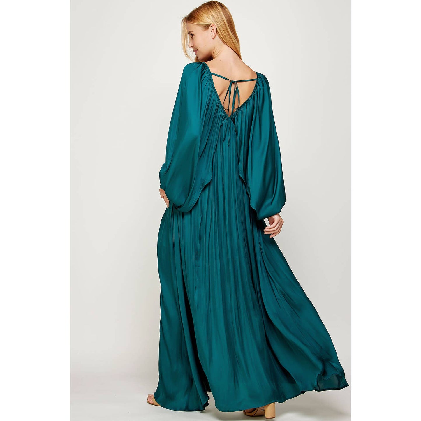 Shirred Satin Balloon Sleeve Maxi Dress