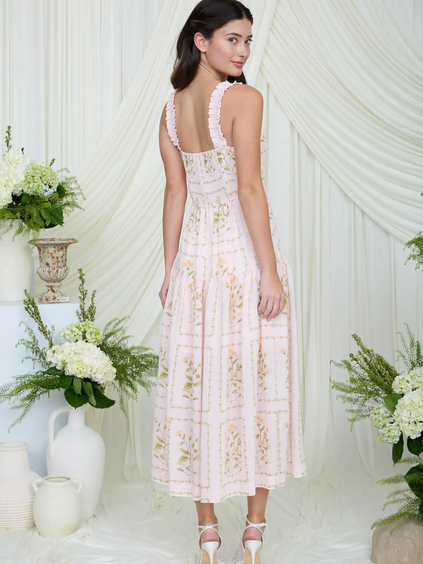 Pink Floral Drop Waist Midi Dress