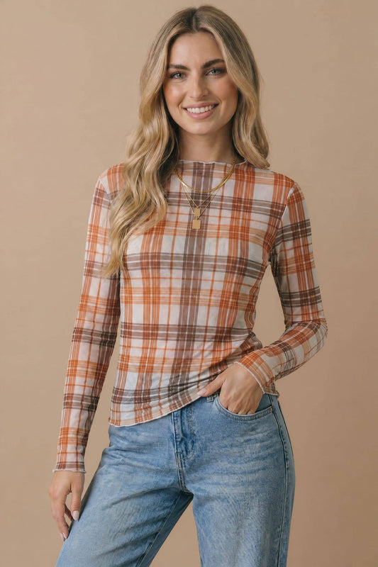Plus Plaid Mesh Semi Sheer Top