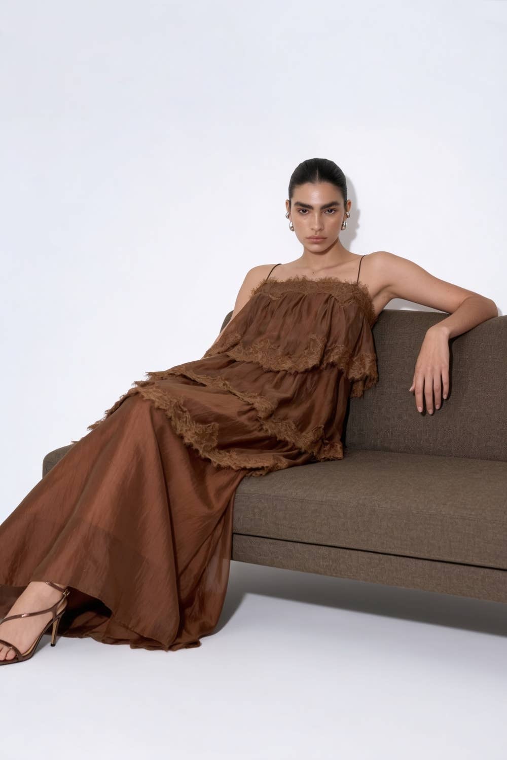 Tiered Lace-Trimmed Maxi Slip Dress
