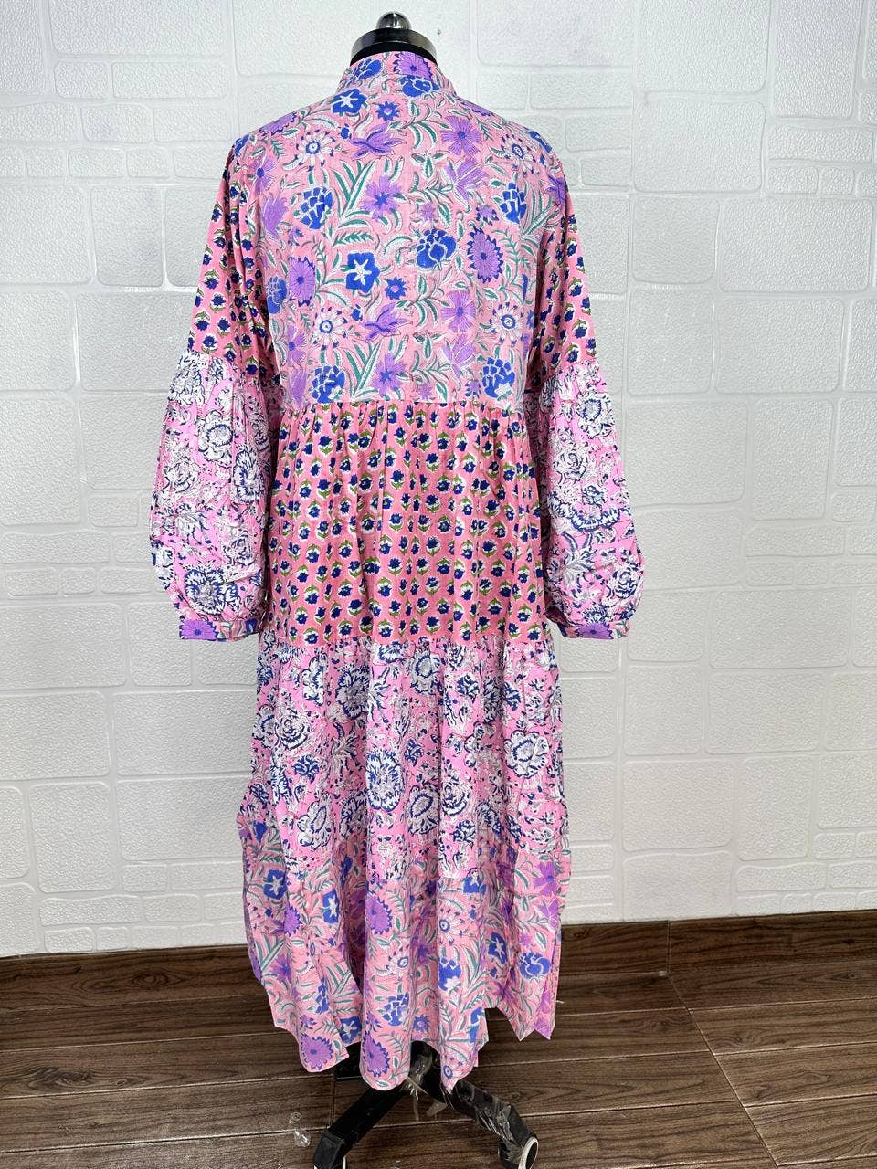 Pink 3 Layer Maxi Dress Pure Cotton Hand Block Print OneSize