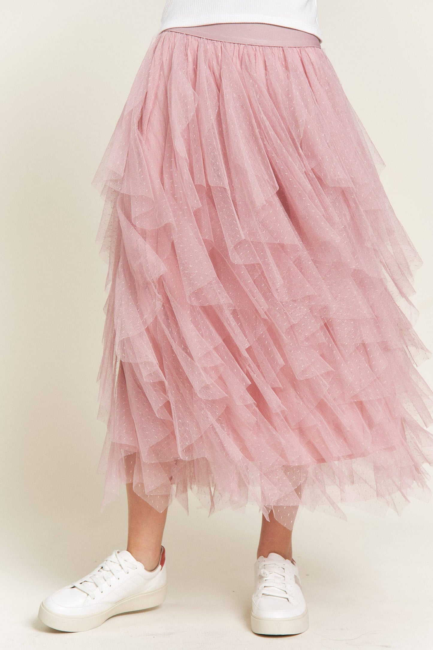 Layered Polka Dot Mesh Lined A-Line Midi Skirt JJB6007