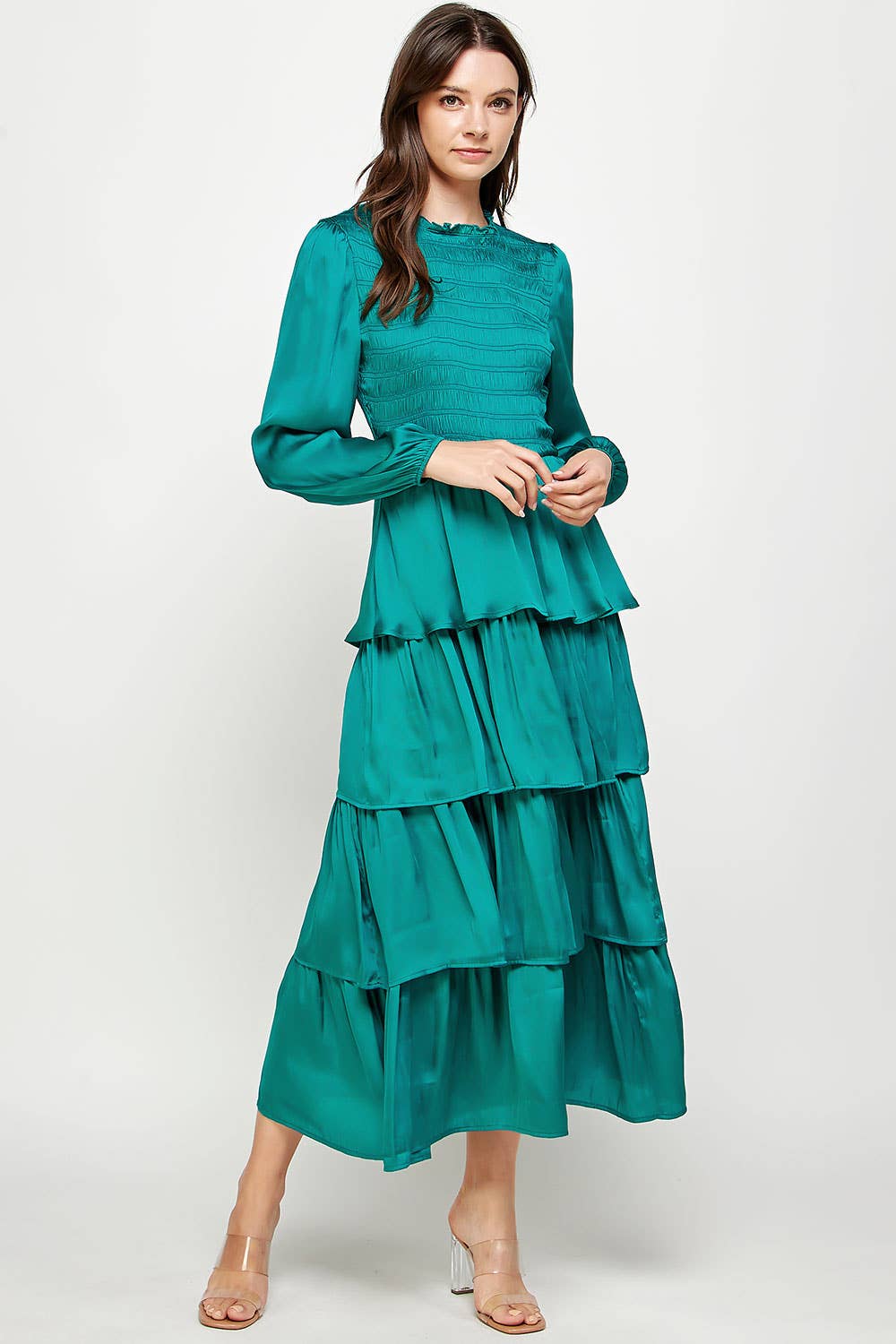 Smocked Detail Satin Tiered Dress
