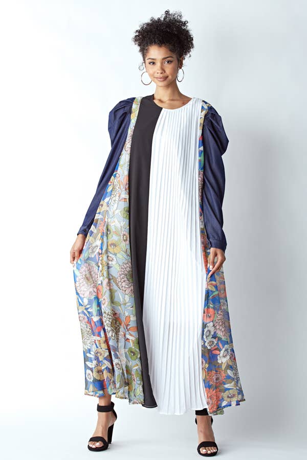 MIXED MATERIAL DRESS WITH PUFFED DENIM SLEEVES