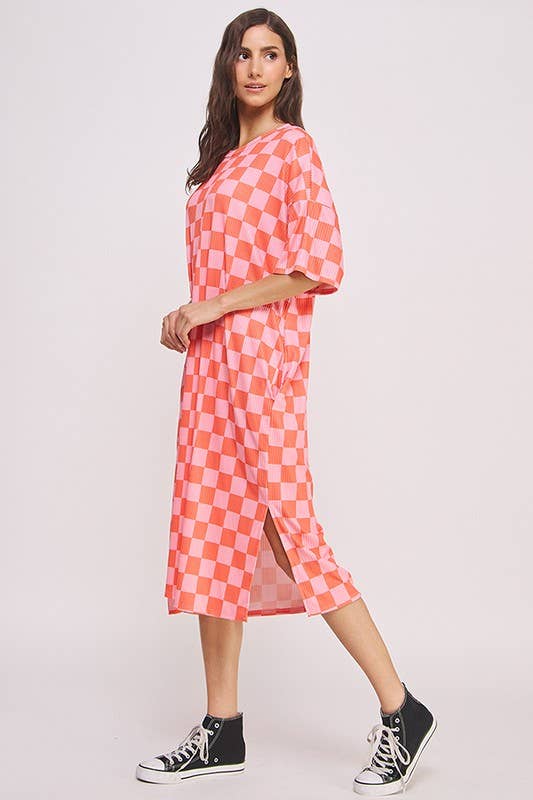 1/2 SLEEVE RIBBED CHECKERBOARD MIDI DRESS