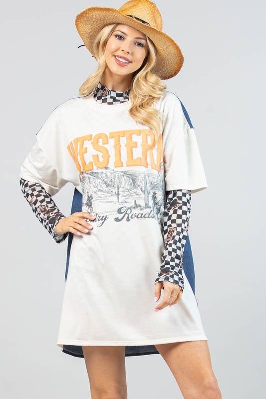 AV1230-VALERIE-5442 WESTERN PRINT CHECKERS PRINT MESH TOP
