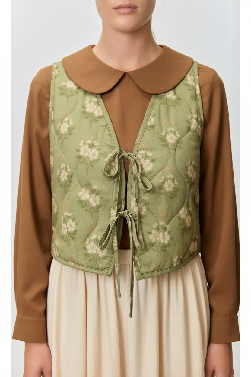 Sage Green Floral Two-Piece Set Vest