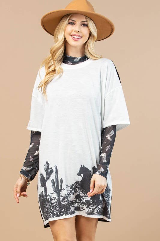 AV1230-CINDY WESTERN PRINT SEMI SHEER MESH TOP