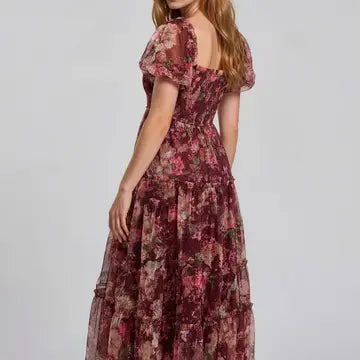 Floral Rose Burgundy Tulle Dress