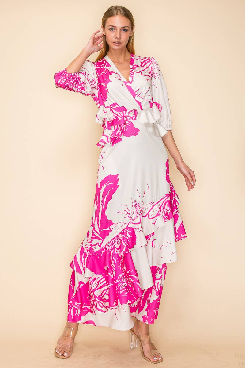 V NECK DRESS WITH RUFFLES AND POCKETS