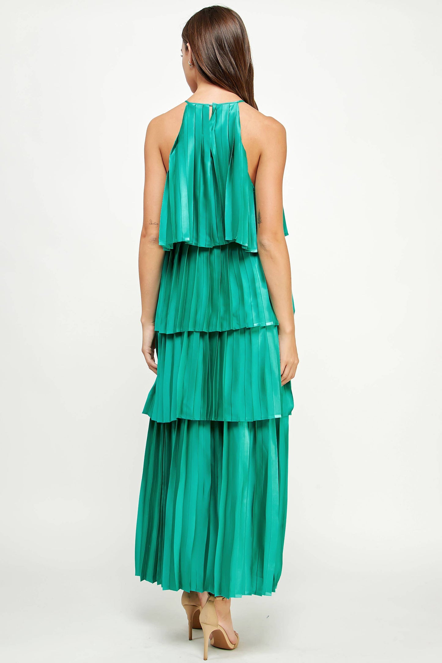 Pleated Satin Tiered Maxi Dress