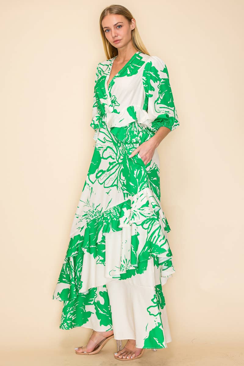 V NECK DRESS WITH RUFFLES AND POCKETS
