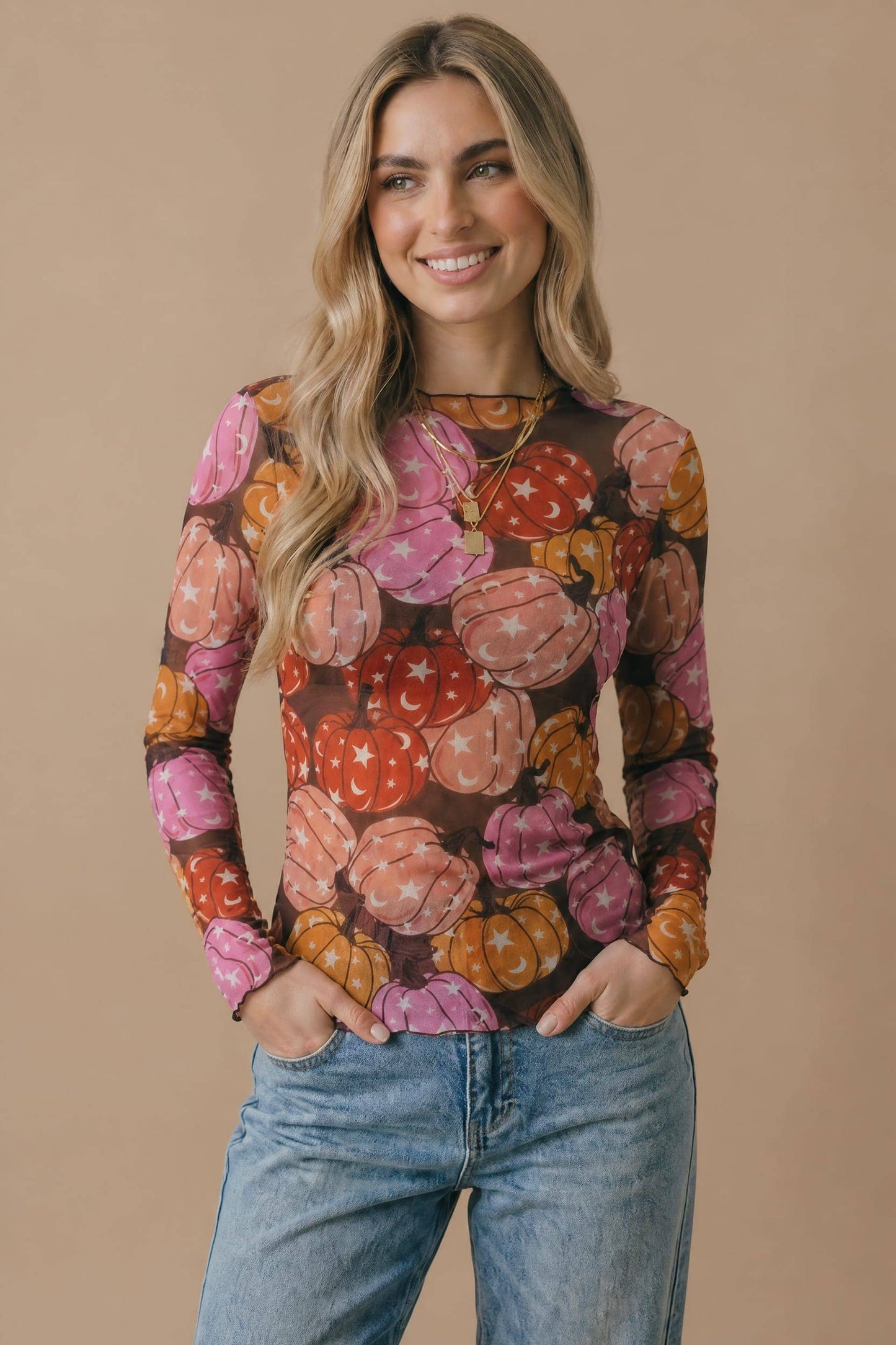 Plus Star and Moon Pumpkin Mesh Top