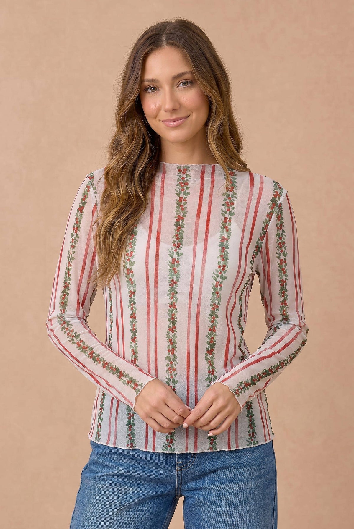 Mistletoe Semi Sheer Mesh Frilled Hem Top