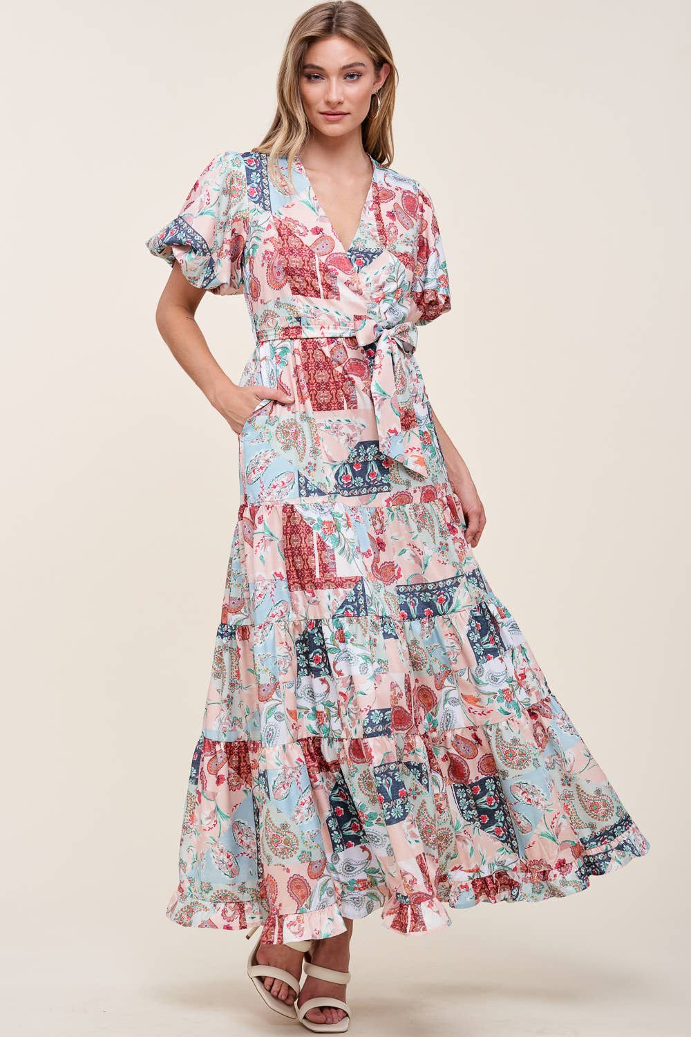 PRINTED V NECK DRESS WITH SELF TIE BOW