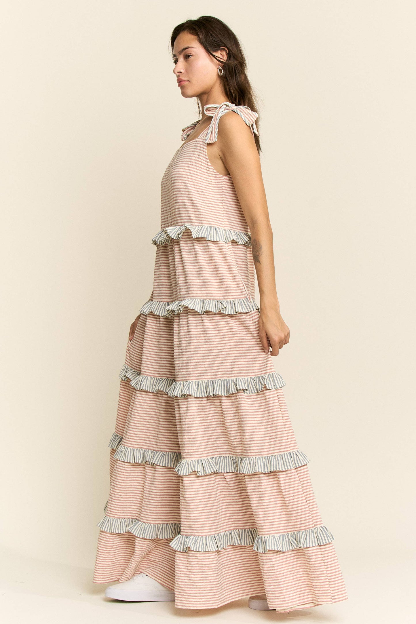 STRIPED TWO TONE TIERED MAXI DRESS