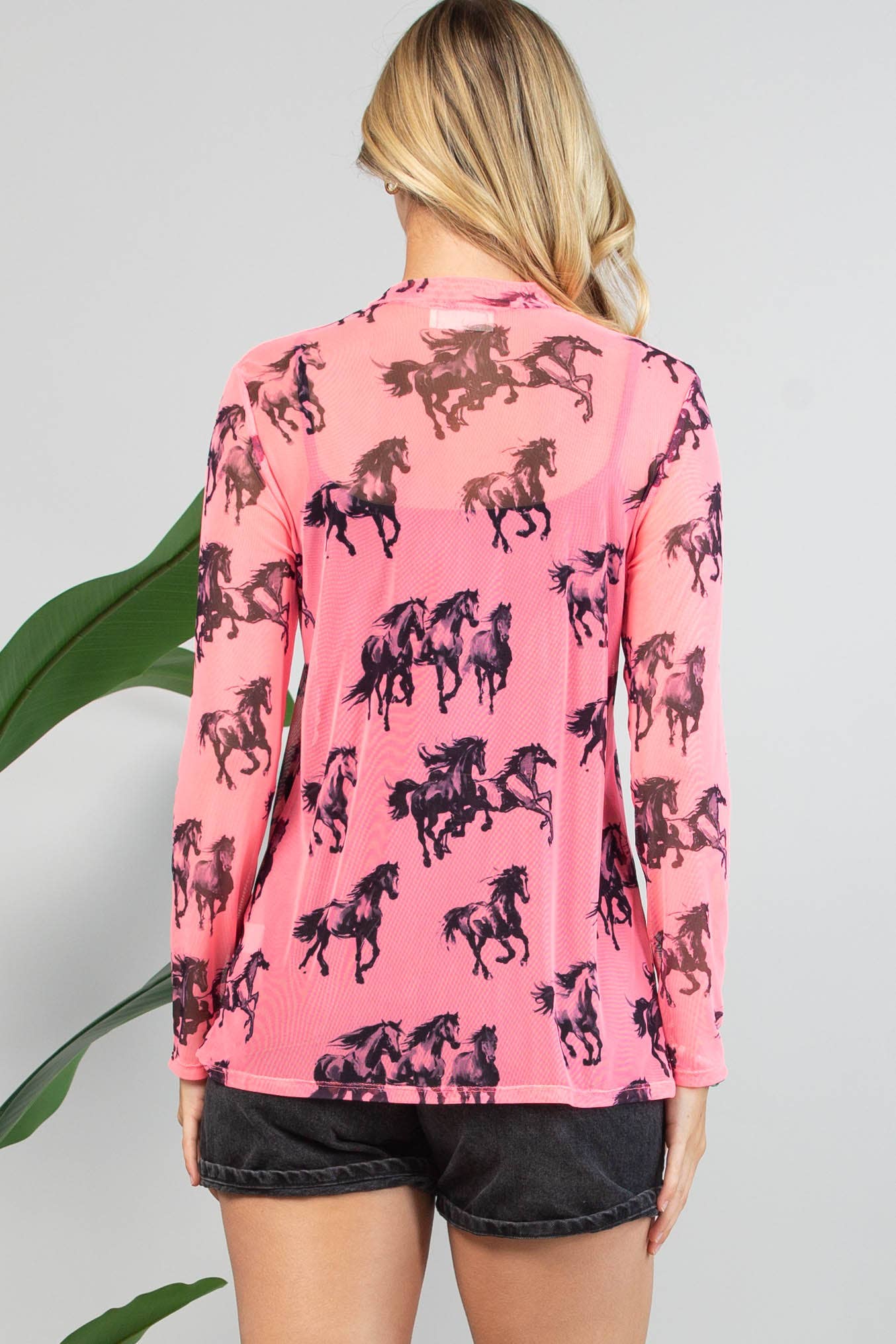 AV1230-KERRY HORSES PRINT SEMI SHEER MESH TOP