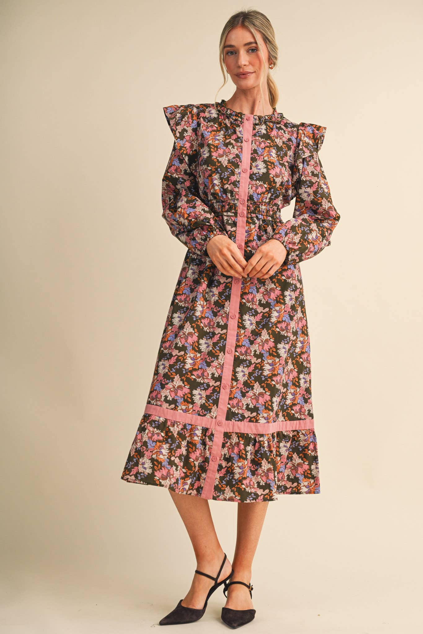 FLORAL BUTTON DOWN CONTRAST BINDING MIDI DRESS MDR5246