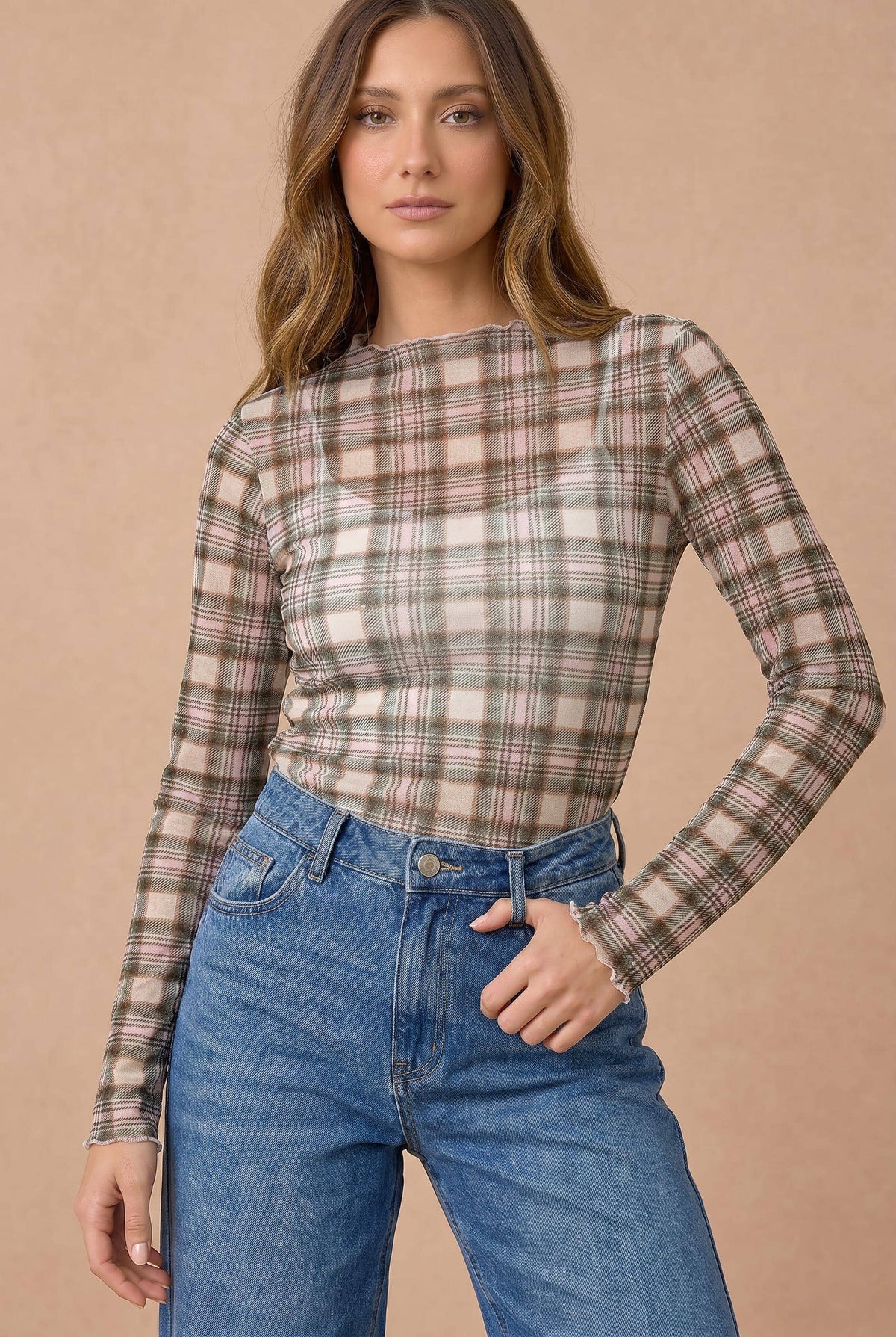 Plus Plaid Mesh Sheer Top