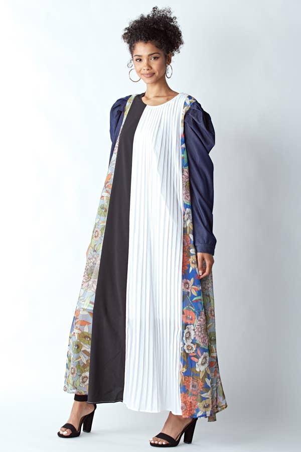 MIXED MATERIAL DRESS WITH PUFFED DENIM SLEEVES