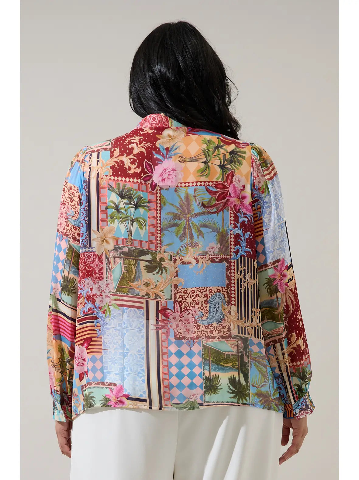 Melani Tropical Matra Long Sleeve Collared Blouse Curve