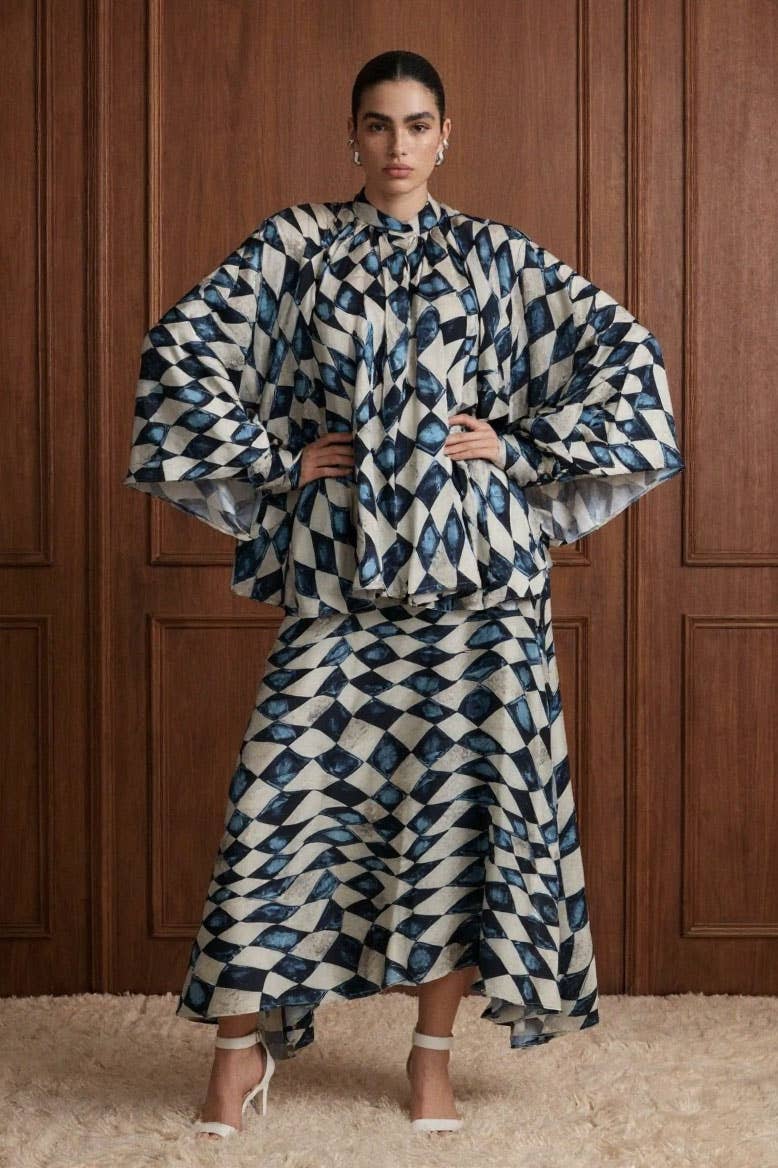 Abstract Diamond Cape Top And Skirt Set