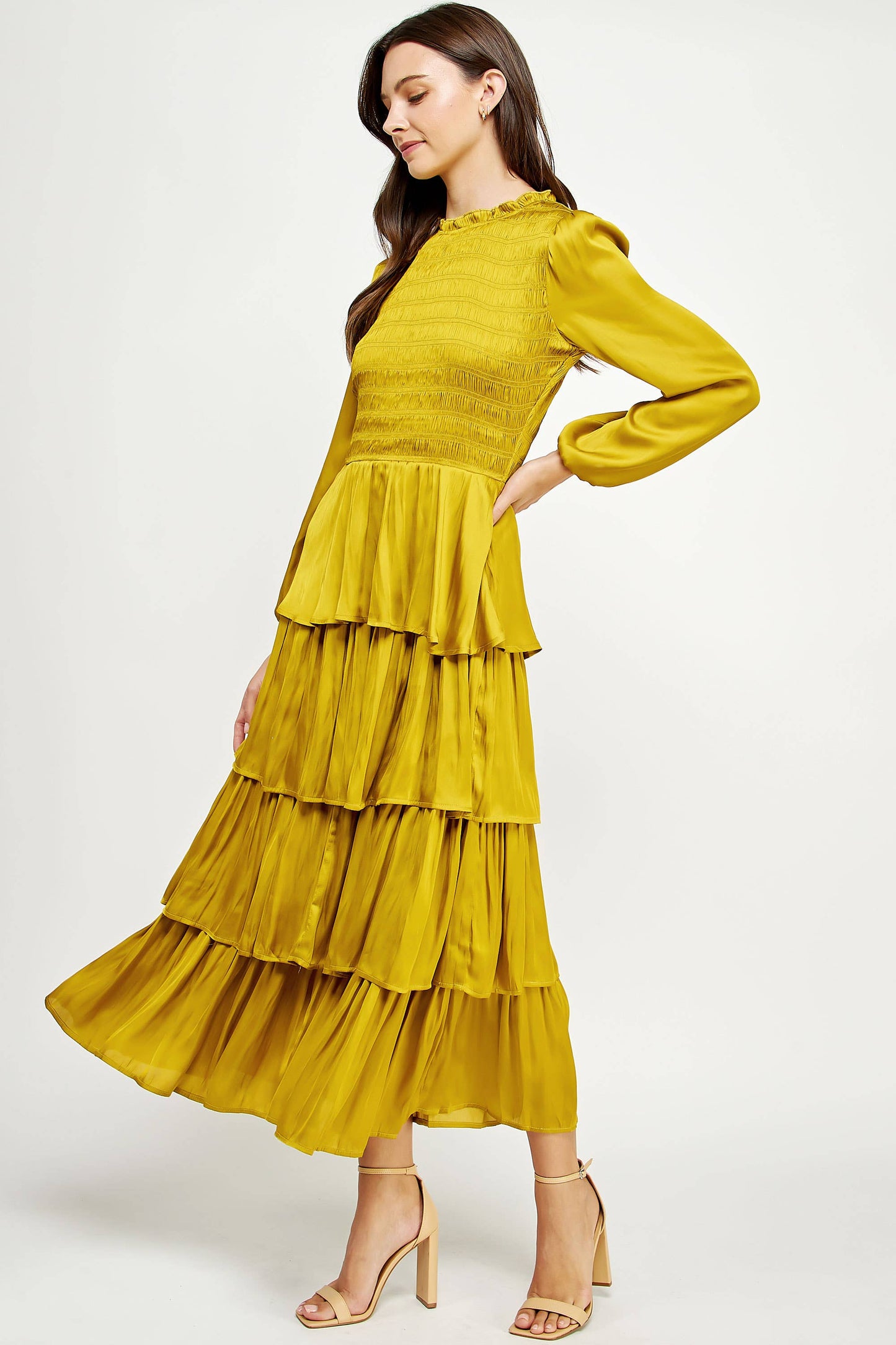 Smocked Detail Satin Tiered Dress