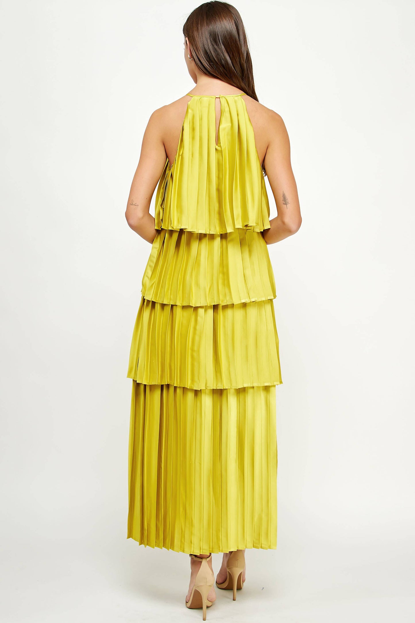 Pleated Satin Tiered Maxi Dress