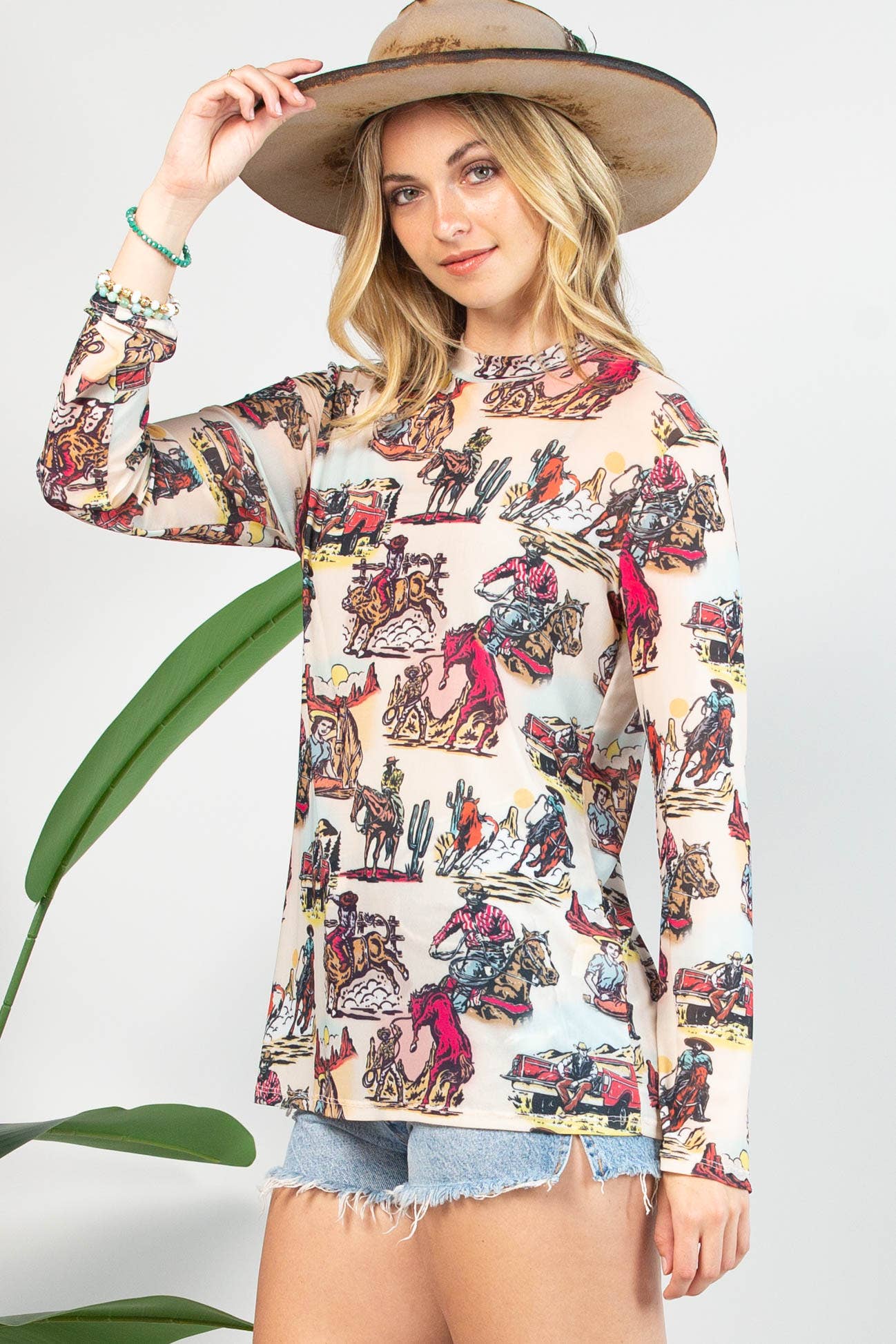 AV1230-ESTHER-5451 VINTAGE WESTERN PRINT SEMI SHEER MESH TOP