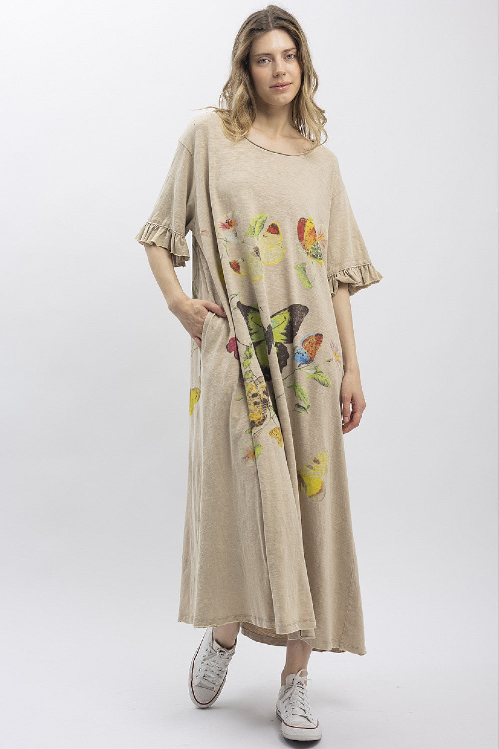 BUTTERFLY PRINT RUFFLE SHORT SLEEVE DRESS> TAN