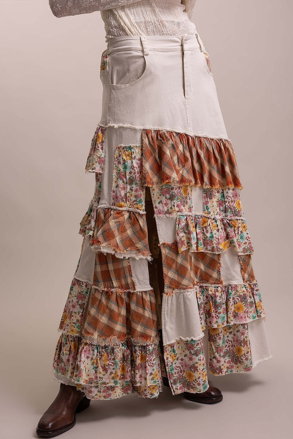 Olive Sage Patchwork Ruffle Denim Skirt