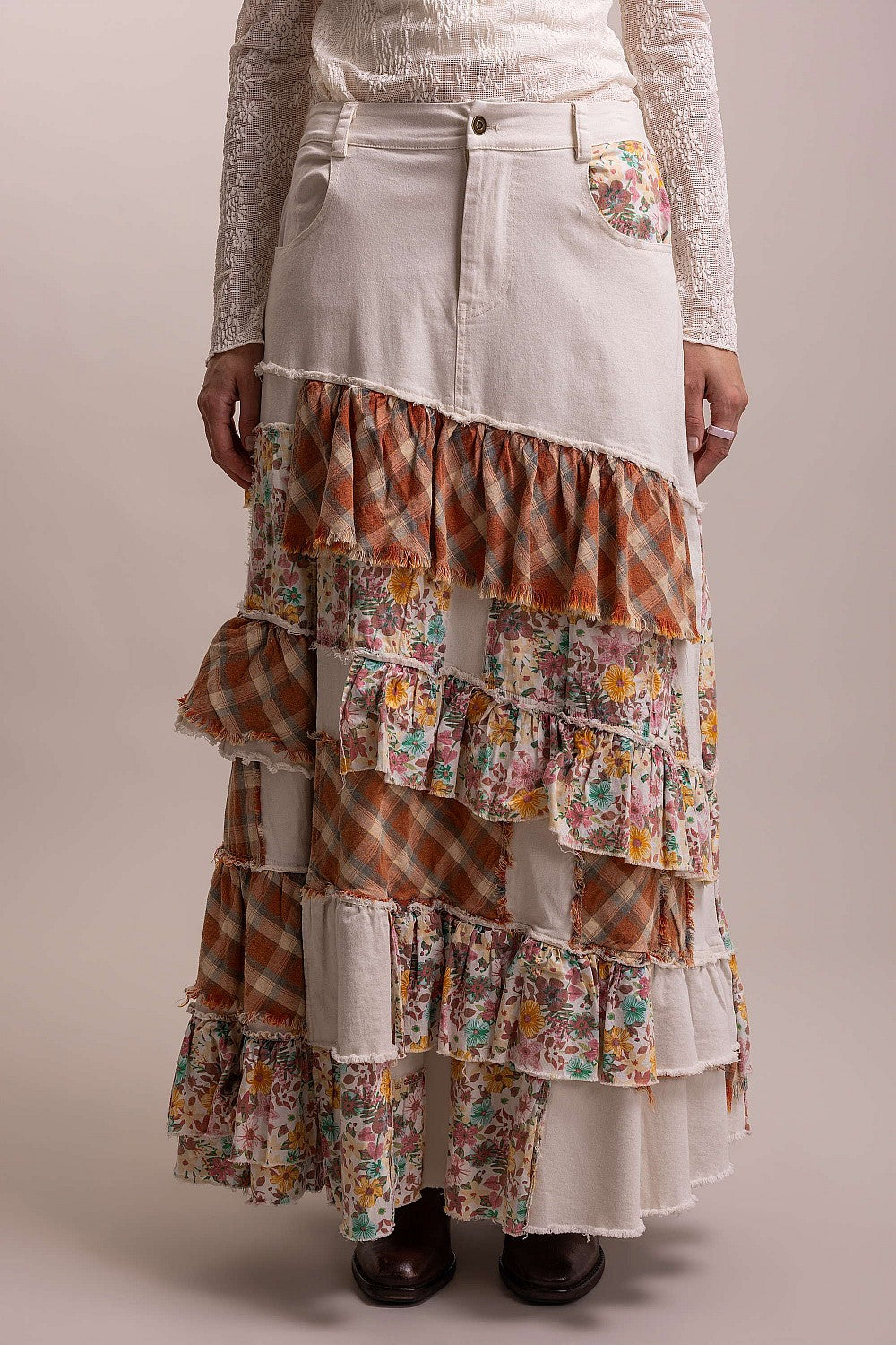 Olive Sage Patchwork Ruffle Denim Skirt