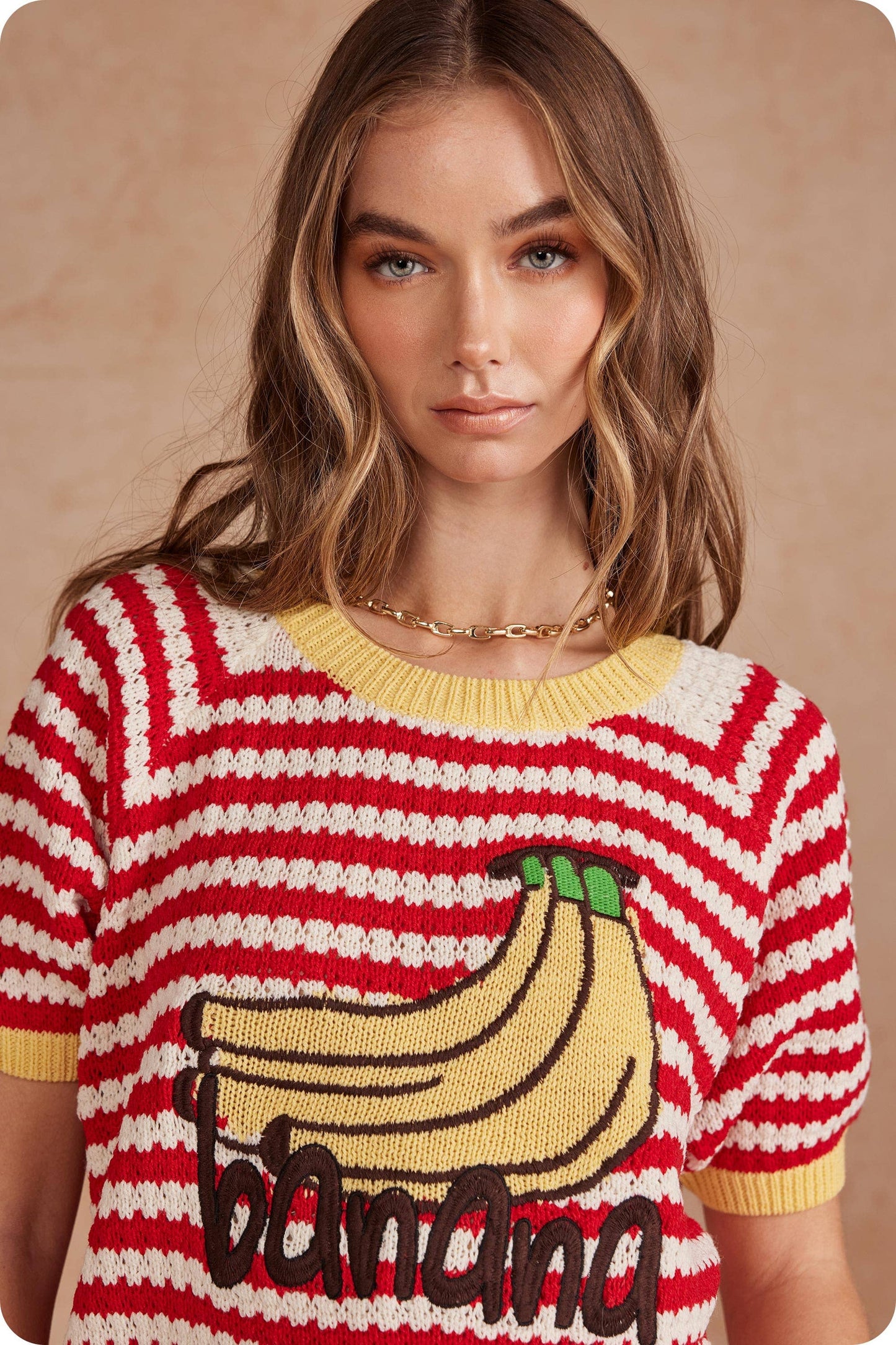 Playful Striped Banana Graphic Short Sleeve Sweater Top