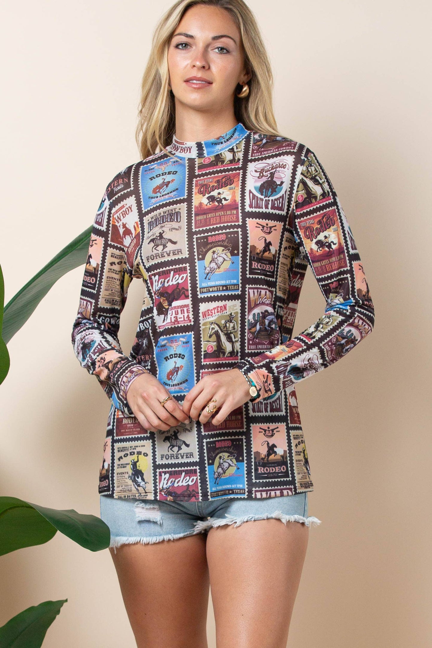 AV1230-EMELIE VINTAGE WESTERN PRINT MESH TOP