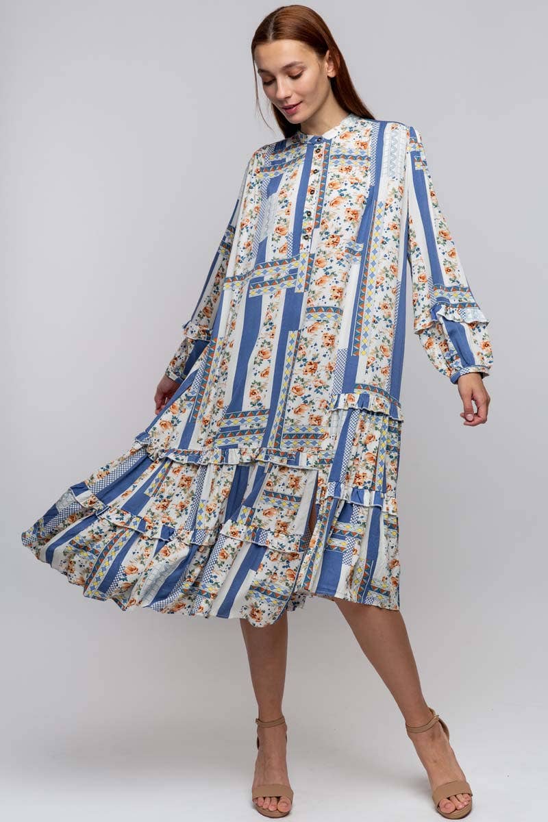 CREW NECK PRINTED DRESS WITH POCKETS