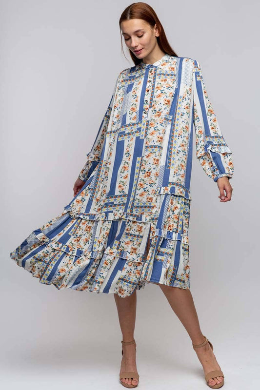 CREW NECK PRINTED DRESS WITH POCKETS