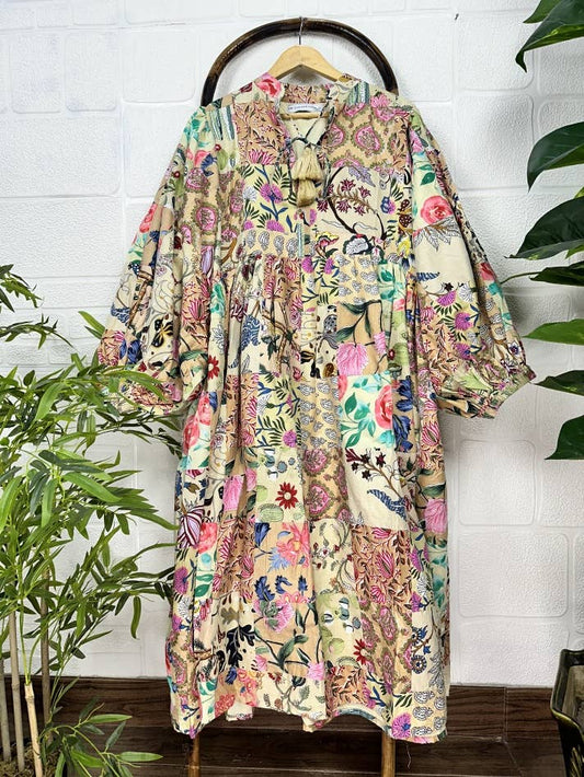 BEIGE SHADES - Hand Patchwork Cotton Dress OneSize