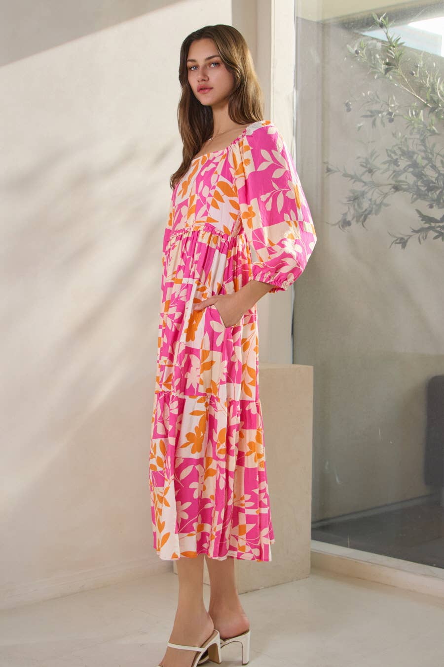 Plus Geo Floral Printed Tired Midi Dress