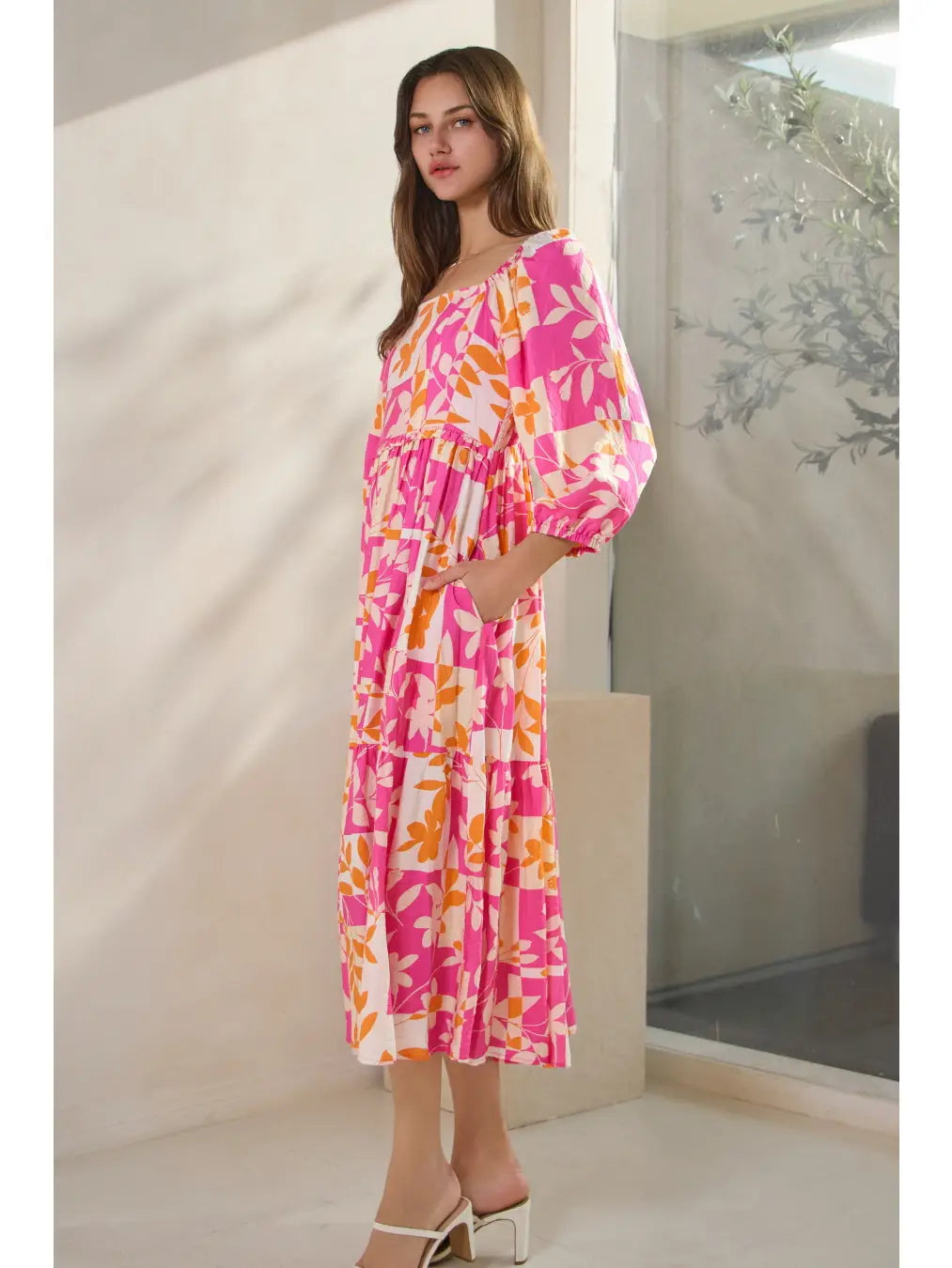 Plus size Geo Floral Printed Tired Midi Dress