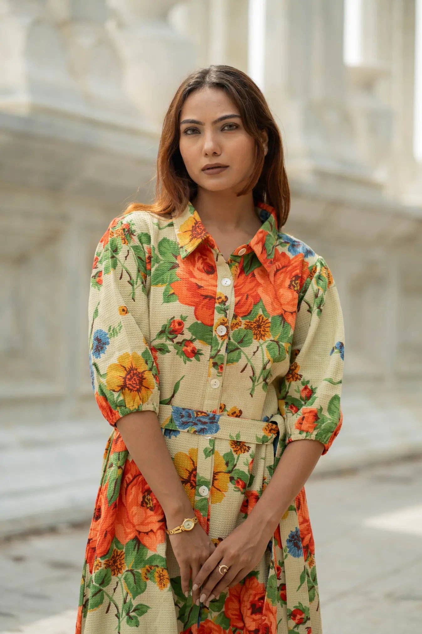 Handblock Printed Floral Boho Midaxi Cotton Waffle Dress Her