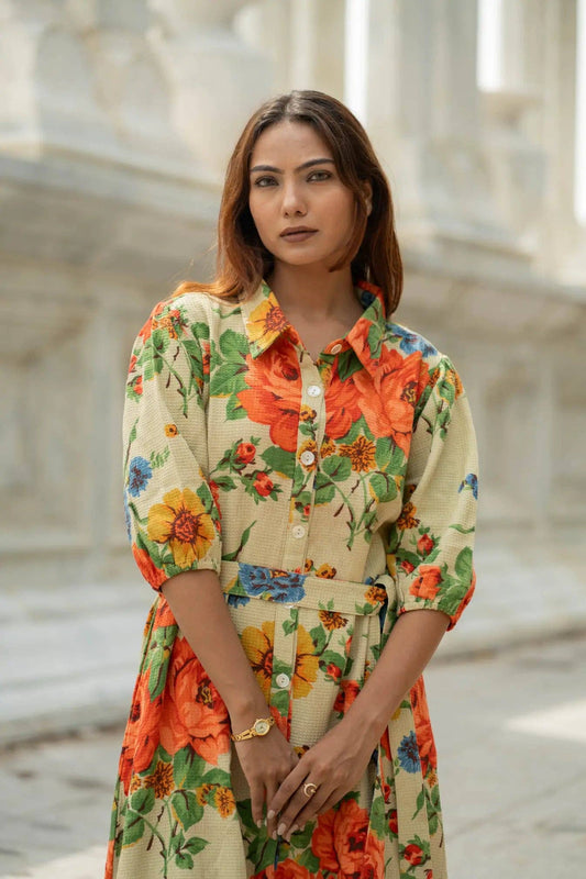 Handblock Printed Floral Boho Midaxi Cotton Waffle Dress Her