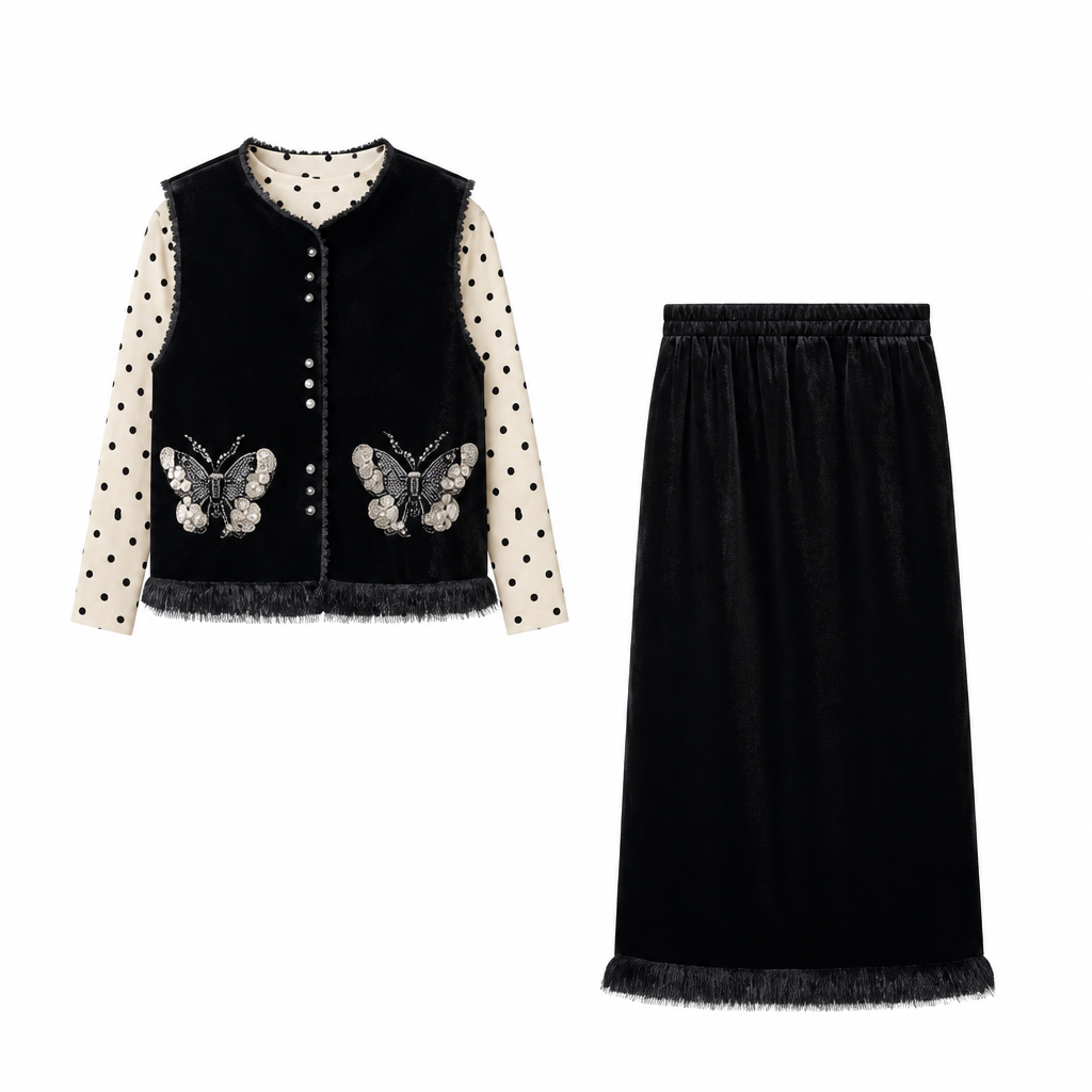 Black two-piece set with cream black polka dot top layered under the vest
