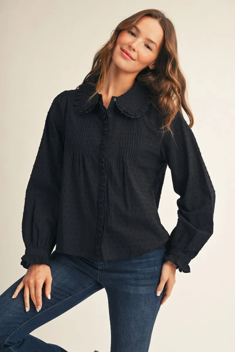 Black Pintuck Ruffle Collar Button-Down Blouse
