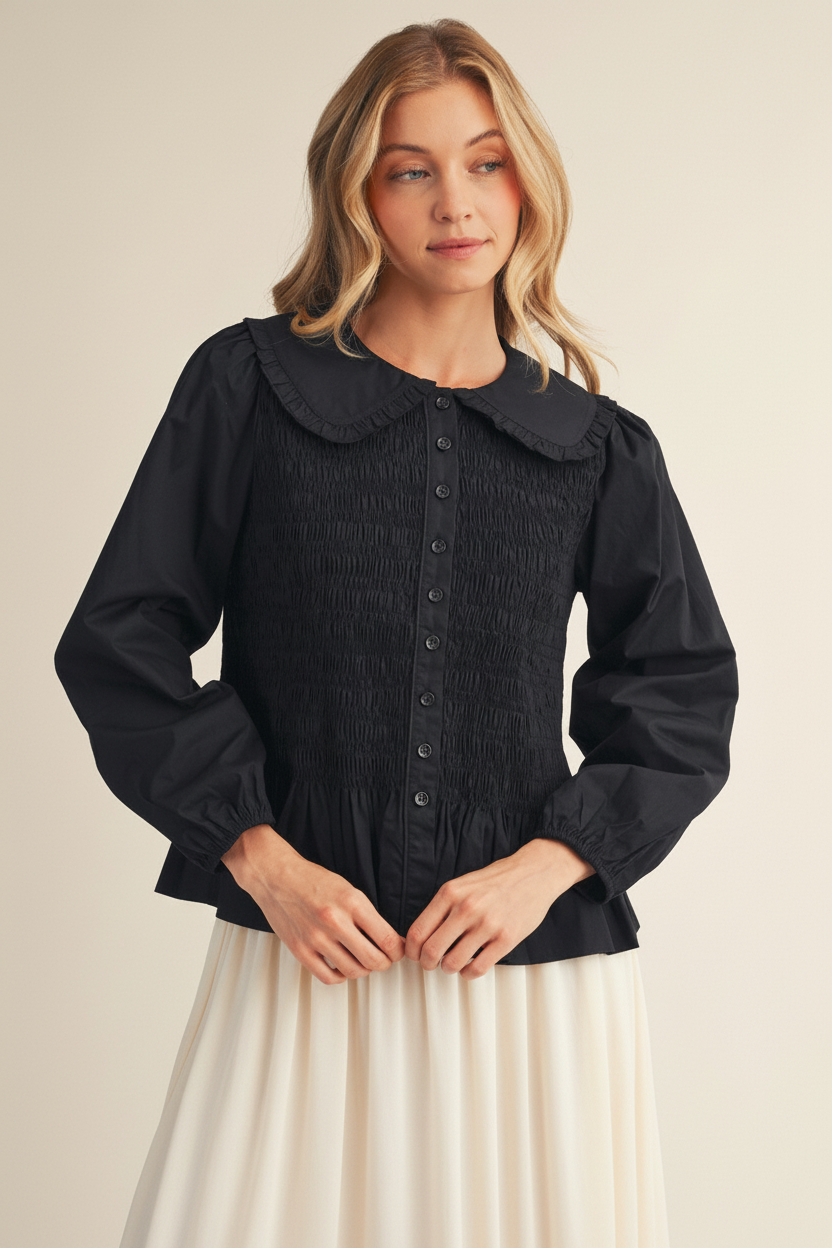 Smocked Bodice Peplum Top with Ruffle Collar