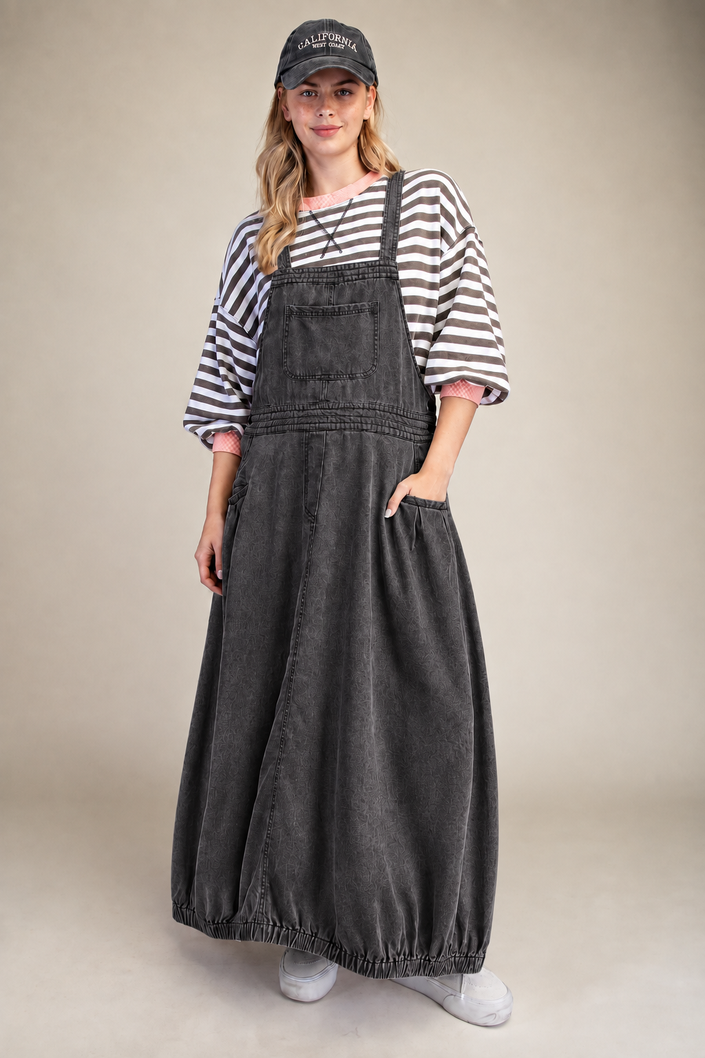 Denim Bib Overall Maxi Dress – Boho Bubble Hem Jumper