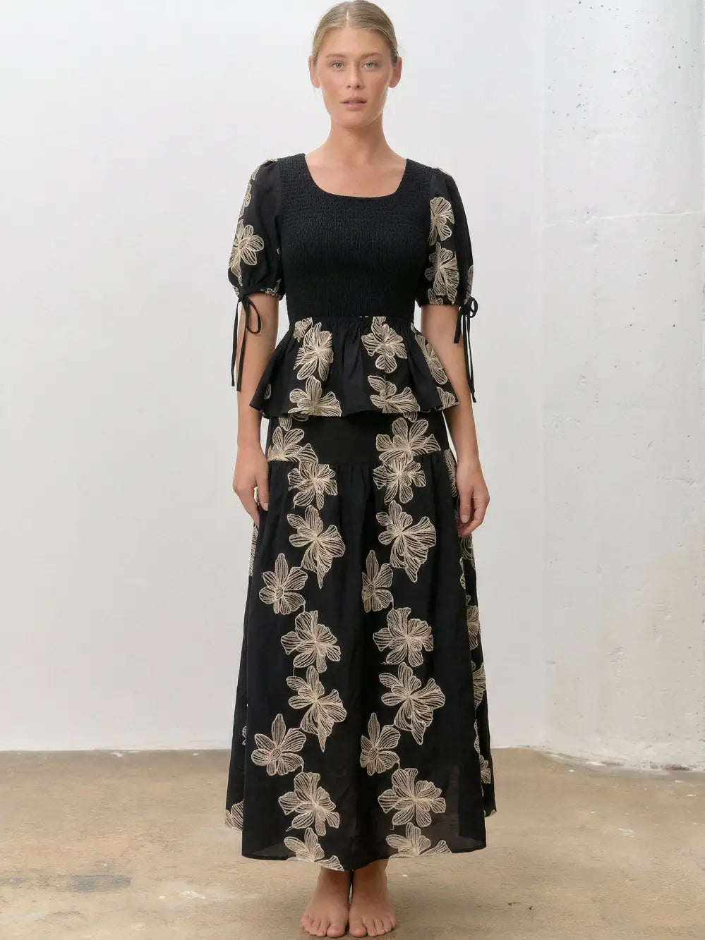 Black Floral Smocked Peplum Maxi Dress